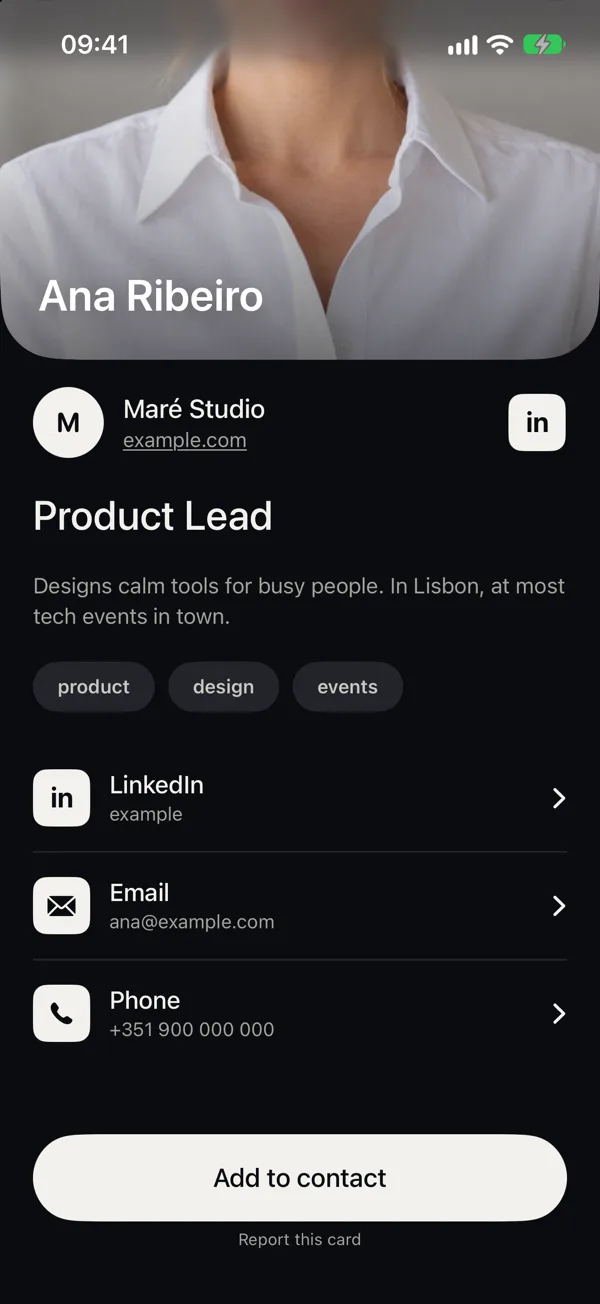 The App Clip scrolled down: topics, then LinkedIn, Email and Phone rows, and Add to contact.
