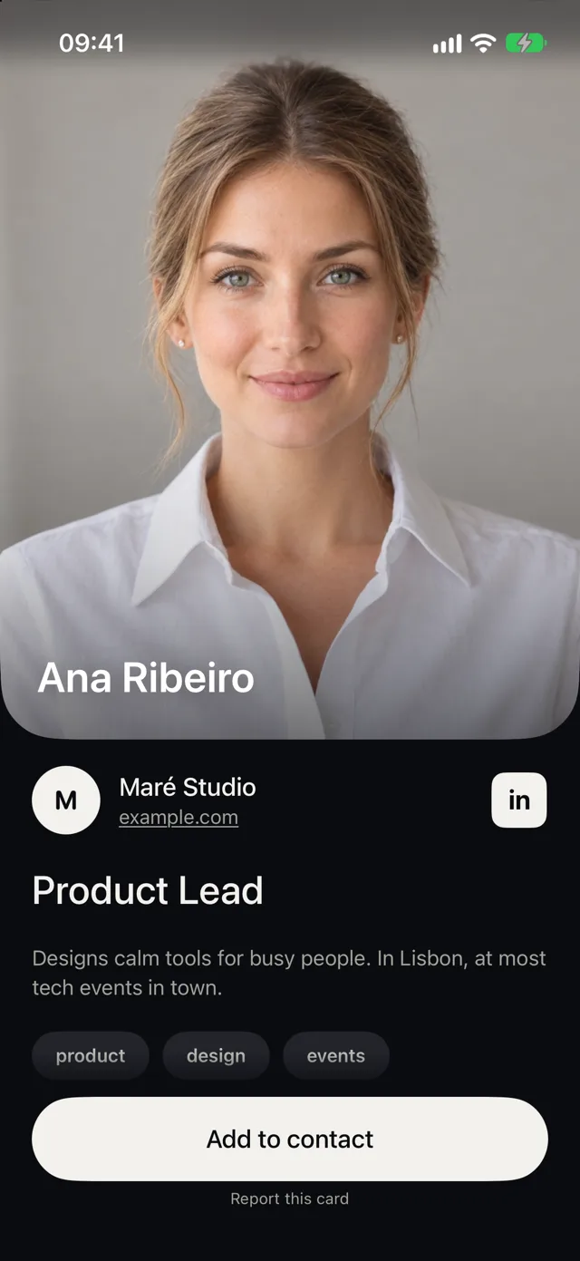 Ana Ribeiro's card open in the App Clip: her photo and name, Maré Studio with a LinkedIn button, Product Lead, her topics and an Add to contact button.
