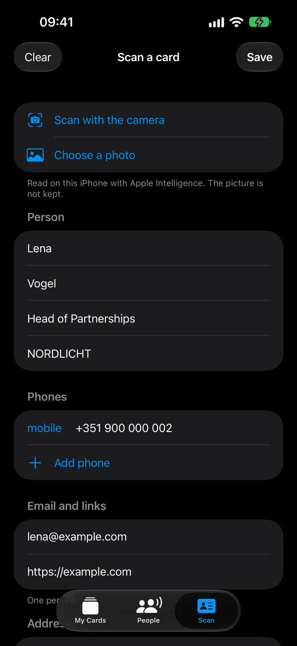 Scan a card: read with Apple Intelligence, the form filled in with Lena, Vogel, Head of Partnerships, Nordlicht and a mobile number.